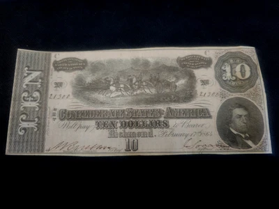 1864 $10 Confederate Currency Civil War  S/N 21300 - Image 1 of 4