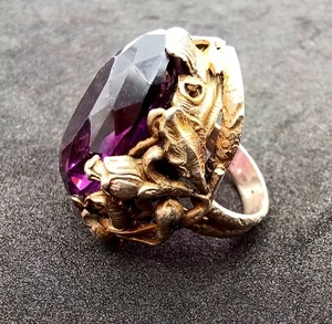 Vintage 925 Sterling Silver Cocktail Ring w/Purple Glass Stone US Size 9 - Picture 1 of 7