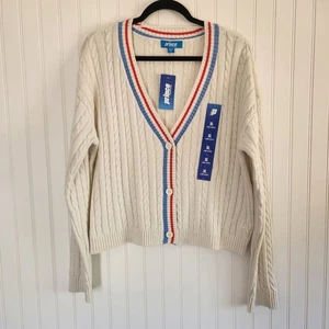 NEW PRINCE Cream Cloud Cable Knit 100% Cotton V Neck Preppy Cardigan XL - Bild 1 von 7