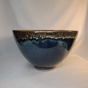 Grande ciotola smaltata blu a goccia ceramica artistica studio firmata dall'artista - Foto 1 di 6