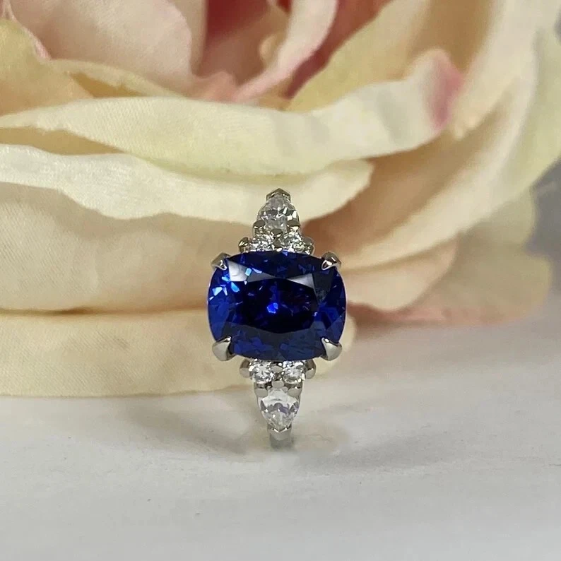 Anel de aniversário de diamante safira azul natural 4,50 quilates ouro branco 14K tamanho 6,5 - Imagem 1 de 4