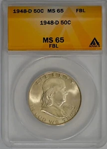1948 D Franklin Silber Half Dollar 50C Erhaltung ANACS MS65FBL - Bild 1 von 4