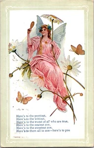 Vintage Postcard, Postmarked 1909 - Beautiful Pixie, Flowers & Butterflies - Picture 1 of 2