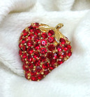 Back Shiny Bling Statement 80s Pin Strawberry Red Rhinestones Brooch Gold Tone