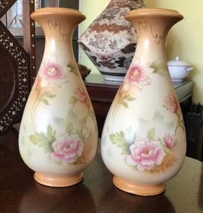 A Pair Of 9” Tall Antique Sanford Ware Hand Painted Blush Ivory Vases - Picture 1 of 11