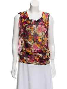 Gorgeous CHRIS BENZ Silk Floral Print Draped Sheer Sleeveless Blouse w/Sequins 8