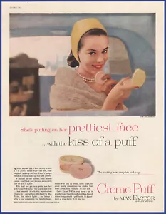 Vintage 1953 MAX FACTOR Creme Puff Cosmetics Make-Up Ephemera 1950's Print Ad - Picture 1 of 1