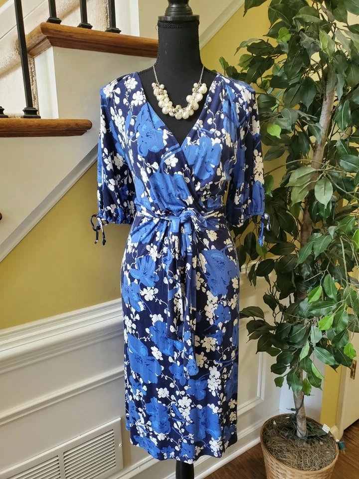 MERONA Dress M Blue Floral Stretch Faux Wrap - Image 1 of 4