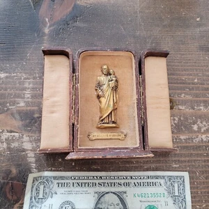 Vtg Antique St Joseph & Baby Jesus Figurine Shrine Presentation Box Case Leather - Picture 1 of 17