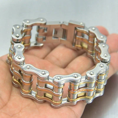 Brazalete de eslabones de cadena de acero inoxidable ancho pesado para motocicleta motociclista plateado/oro Foto 1 de 4