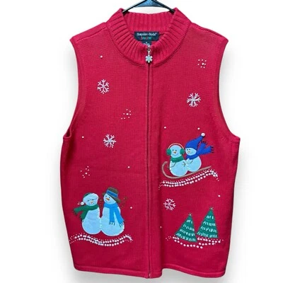 Antigo Hampshire Studios Colete Suéter de Natal Frisado Floco de Neve Bonecos de Neve Extra Grande Vermelho - Imagem 1 de 4