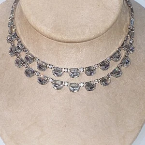 ART DECO GEOMETRIC HALF CIRCLES BAGUETTES HAND PRONG SET 2 ROWS RADIANT NECKLACE - Picture 1 of 9