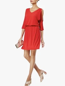 I-N-C RedCold-Shoulder Sheath 3/4 Sleeve Dress W/Gold Bars Sz M Valentines Xmas - Picture 1 of 8