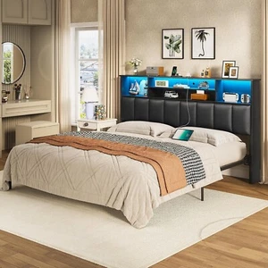 Farmhouse King Size Headboard Only w/Charging Station & Led Lights for Bedroom - Picture 1 of 7