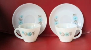 Vtg Set Of 2 Fire King Blue Flower Coffee Cups & Saucers Boutonniere Milk Glass - Picture 1 of 19