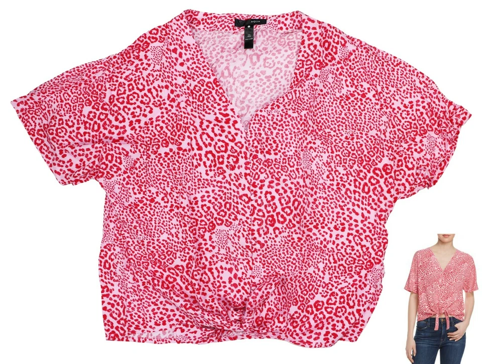 Aqua гепард печать на пуговицах спереди галстук кромки коротким рукавом Топ L новый с Ярлыками розовый/красный - Изображение 1 из 1