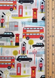 Coronation fabric UK 100% cotton material metres London buses red telephone taxi - Picture 1 of 2