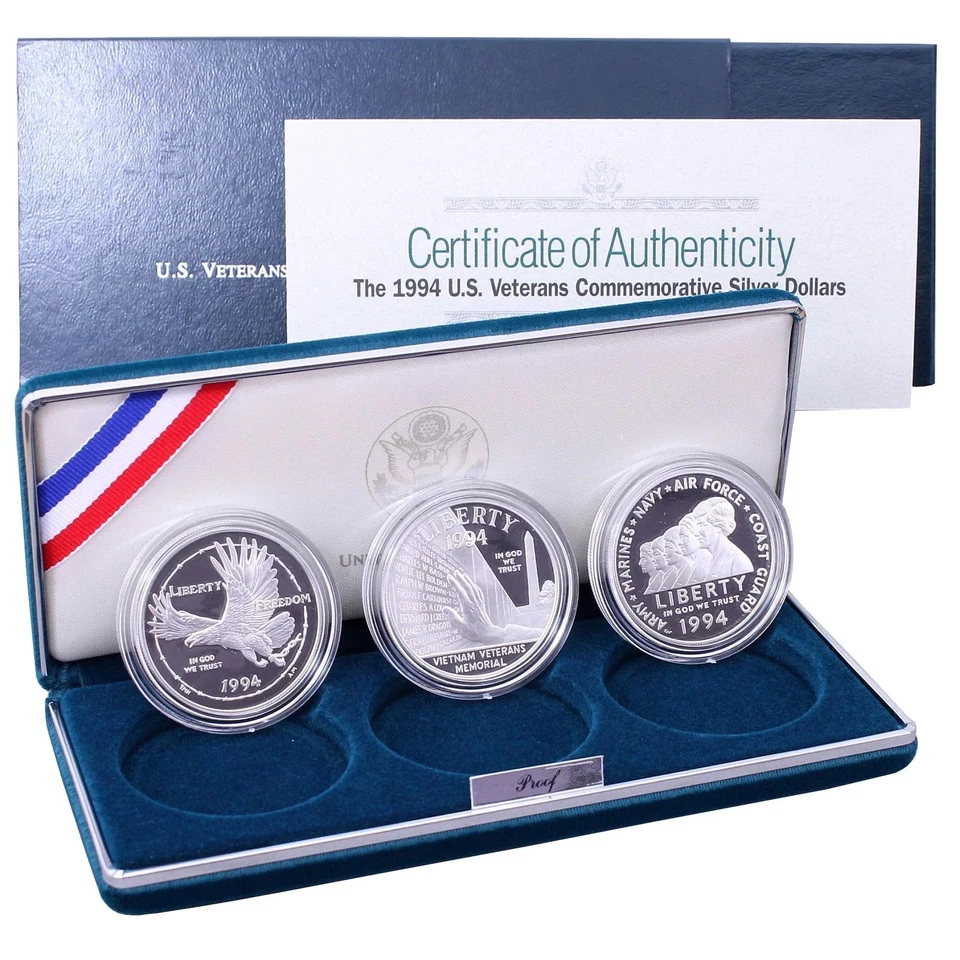 1994 P US Veterans Proof Commemorative 90% Silver Dollars 3 Coin OGP Set A914 - Image 1 of 4