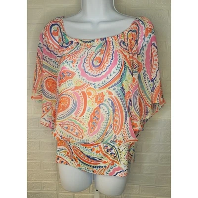 NWT Coco Bianco Paisley Blouse Top Petite SM, Bright pink yellow, fit waist (A) - Image 1 of 4