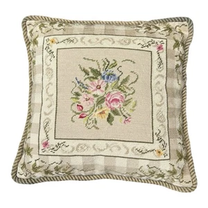 Jane Keltner Petit Needlepoint Floral Pillow 17” Vintage Cottage Aubusson Style - Picture 1 of 17