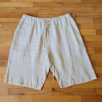 Neiman Marcus Linen Pull On Shorts Beige High Rise Lagenlook Minimalist Resort - Image 1 of 4