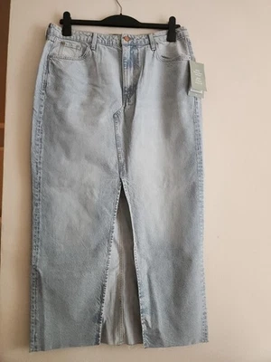 H&M Falda Midi Denim Abertura Frontal Azul Claro Dobladillo Crudo Lavado Talla L Nueva con Etiquetas Foto 1 de 4