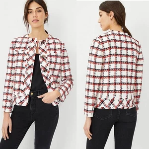 Ann Taylor Karo Fransen Tweed Blazer Gr. 14 Preppy Elegant Boucle Chic Sakko - Bild 1 von 11