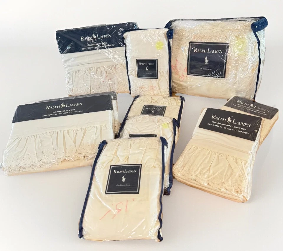 Ralph Lauren Bromley льняной слоновой кости отверстие кружева с оборками постельного белья коллекции новый из старых запасов винтажный - Изображение 1 из 1