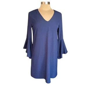 Everly Navy Sheath Dress Long Sleeves Bell Cuffs MED Classic Minimalist Career - Picture 1 of 7