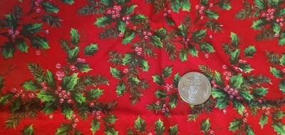 Vintage Fabric Red Christmas Holly Berry Cranston Sewing Quilting Craft ~2/3 yd - Image 1 of 3