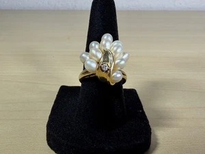 Vintage 14K Yellow Gold Oblong Freshwater Cluster Pearl Ring Size 6 - 6.6 Grams - Picture 1 of 23