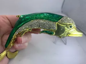 Enorme broche de oro vintage esmaltado verde pez delfín V-8919 - Imagen 1 de 6