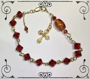 Pulsera Rosario Artesanal KC Oro Amberina Rojo Bicono Cristal Crujido - Imagen 1 de 6
