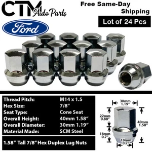 24 Chrome 14x1.5 Large Seat Lug Nut Fit Ford F150/Navigator/Expedition Stock Rim - Picture 1 of 5