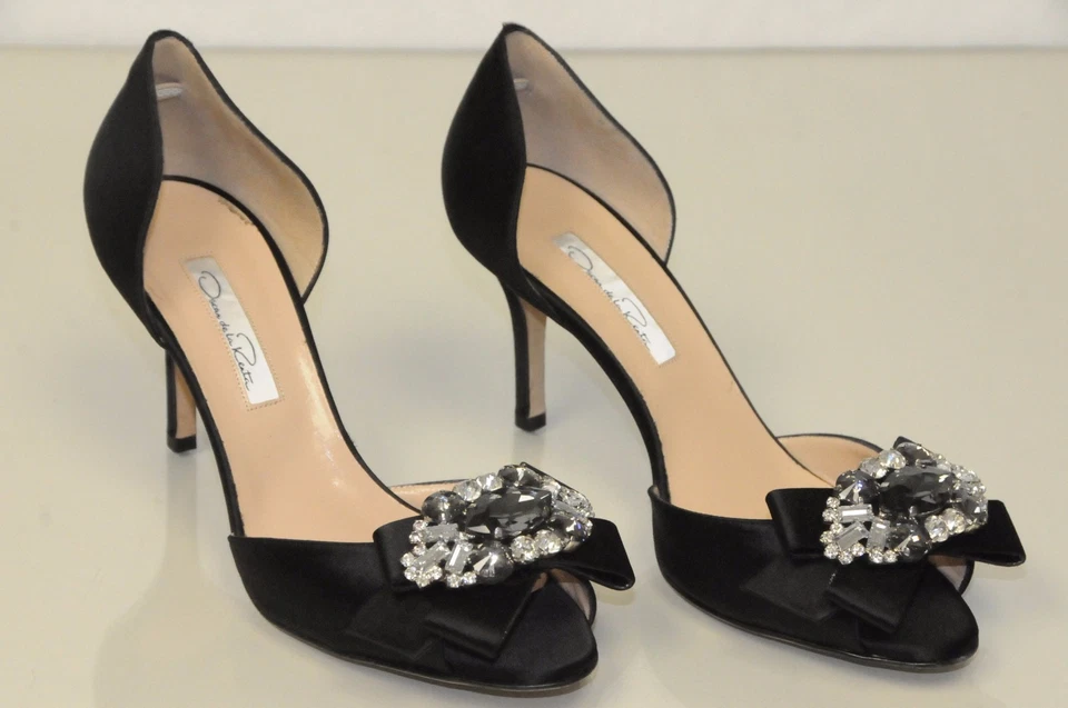 $895 NUEVO OSCAR De La RENTA Rosalba Cristal Adorno Satinado Negro Zapatos Bombas 37 Foto 1 de 1