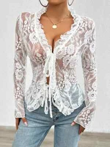 Sexy tiefer V-Ausschnitt Langarm Spitze Cardigan Oberteil Damenmode Herbst/Winter - Bild 1 von 29