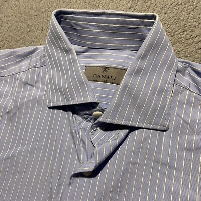 Camisa Canali Para Hombre 15 38 Azul Rayas Manga Larga Abotonada Algodón Italia Foto 1 de 4