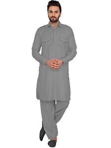 Indian Men’s gray Cotton Pathani Pajama Casual Kurta Salwar Set Camisa Shirt