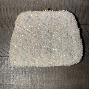 Vintage Cream Floral Beaded Sequin Clutch Purse 1970’s Made In British Hong Kong - Picture 1 of 6
