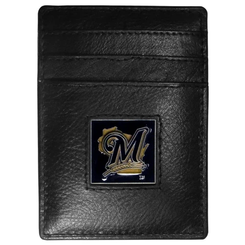 Milwaukee Brewers MLB Fine Grain Leather Cardholder Money Clip Wallet, Boxed Cover