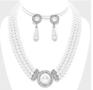 White Necklace Set Faux Pearl Bead Crystal Rhinestone Prom Bridal Earring Silver - Picture 1 of 1
