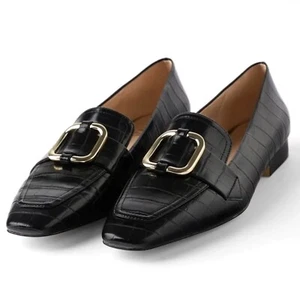 ZARA Croc Embossed Loafers Buckle Black 39 US 8 Square Toe Slip On Animal Print - Picture 1 of 11