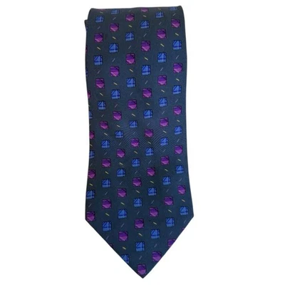 Corbata Hermes Auténtica Vintage Seda Estampado Geométrico Azul Púrpura Foto 1 de 4