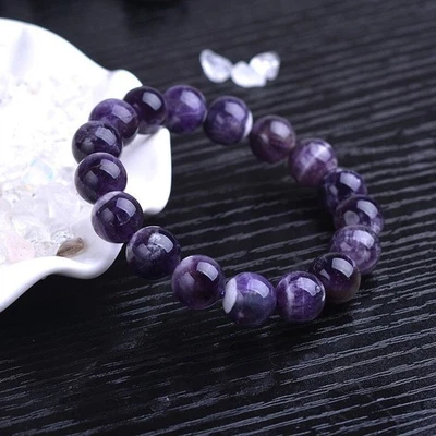 Pulseira elástica de cristal roxo com miçangas de pedra ametista 10 mm feita à mão - Imagem 1 de 2