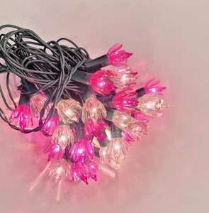 Vintage Christmas String Lights 35 Tulip Flower Petal Clear and Red Blinking Set - Picture 1 of 6
