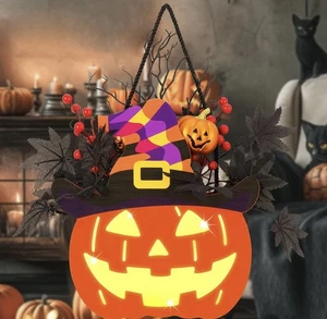 Lighted Halloween Pumpkin Jack-O-Lantern Hanging Sign Witch Hat Indoor Outdoor - Picture 1 of 4