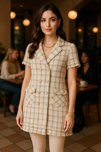 NWT Zara Tweed Boucle Double Breasted Blazer Dress Ivory Gold Plaid Women Medium - Picture 1 of 19