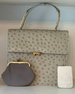 Cartera de cuero vintage de los años 50/60 Saks 5th Ave con estampado de avestruz topo/gris claro Foto 1 de 4