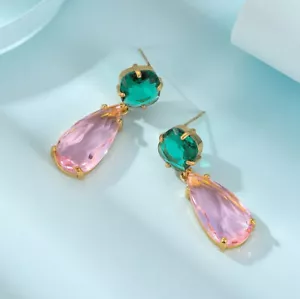 Gorgeous Teardrop Sweet Pink Topaz Square Green Quartz Gold Plated Stud Earrings - Picture 1 of 6