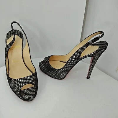 Christian Louboutin Heels Size 8 EU 39 Black Gold Slingback Open Toe Stilettos - Image 1 of 4